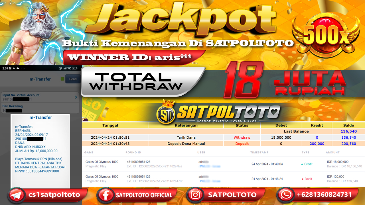 JACKPOT SLOT GATES OF OLYMPUS 1000 - 24 APRIL 2024