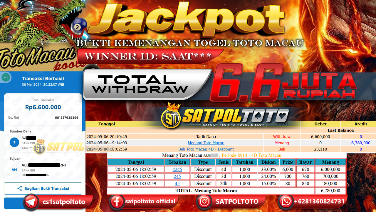 JACKPOT TOGEL TOTO MACAU POOLS - 06 MAY 2024